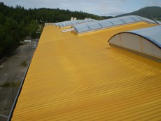 obr.1.0.49 + obr.1.0.50tepelná a vodotěsná izolace střechy výrobní haly, před a po nástřikuizolační vrstvy PUR, tloušťka 30-35 mm, podklad vlnitý plech, (bez UVvrstvy)